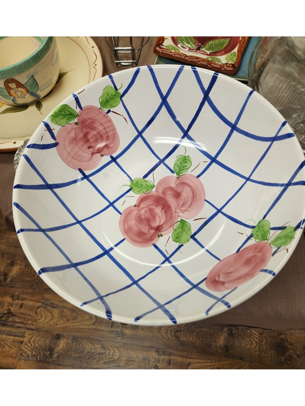 Himark Portugal 14" Handpainted Ceramic Serving Bowl White Blue Lattice Pink